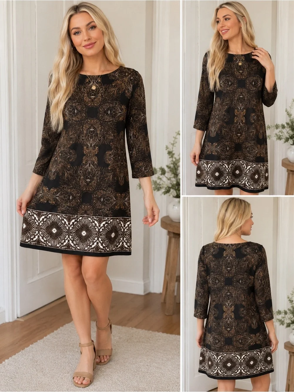 London Times Black and White Paisley Border Long Sleeve Dress